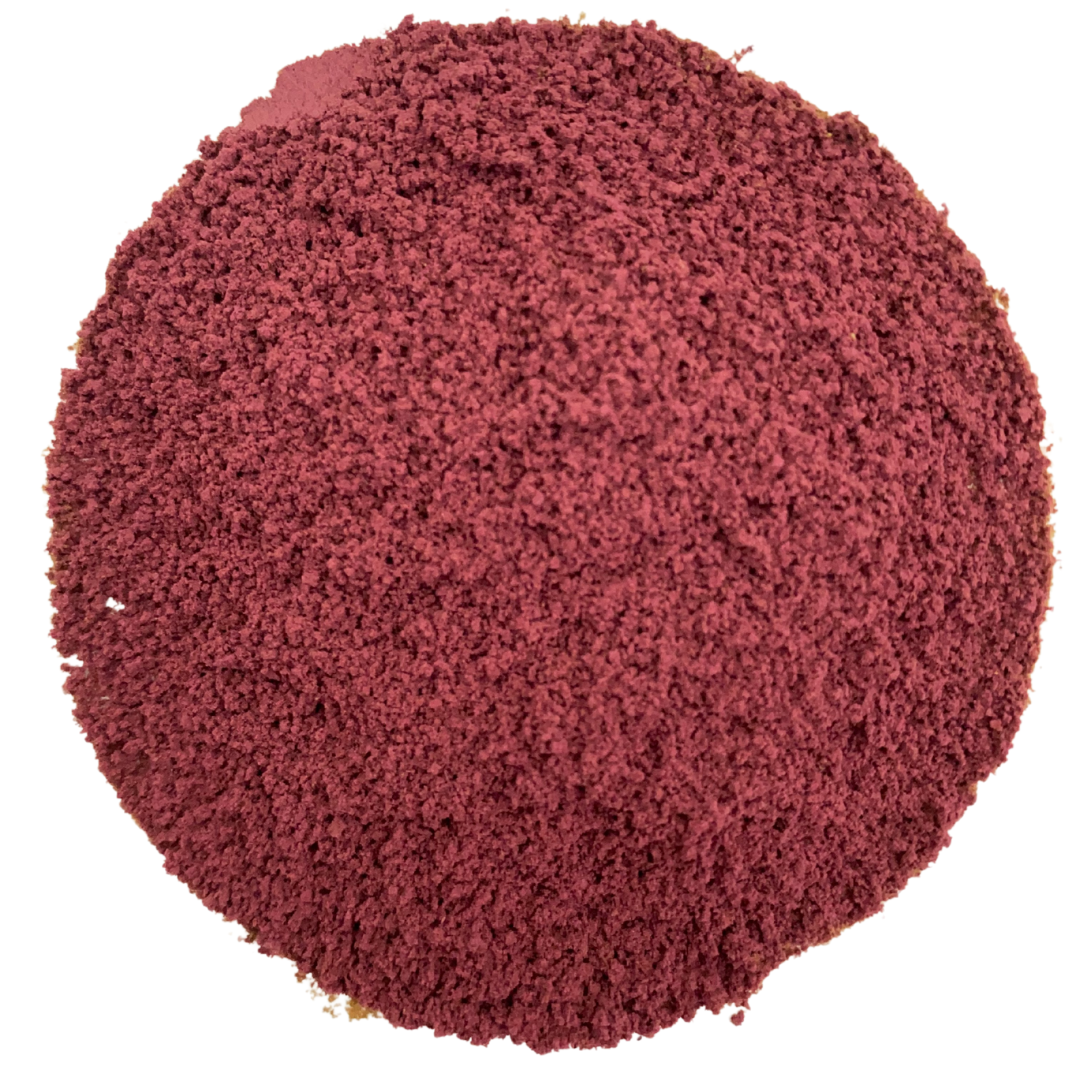 Picture of purple water-soluble acai berry extract powder in the shape of a circle with white background