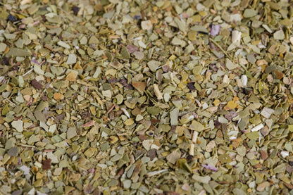 Extreme close-up of Yerba Montana Cafe Blend ground mate, green, white, brown, and tan bits


