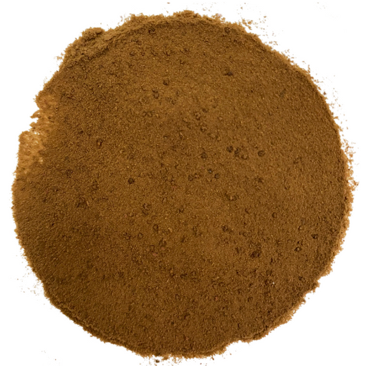 Roasted water-soluble yerba mate extract powder in the shape of a circle with white background